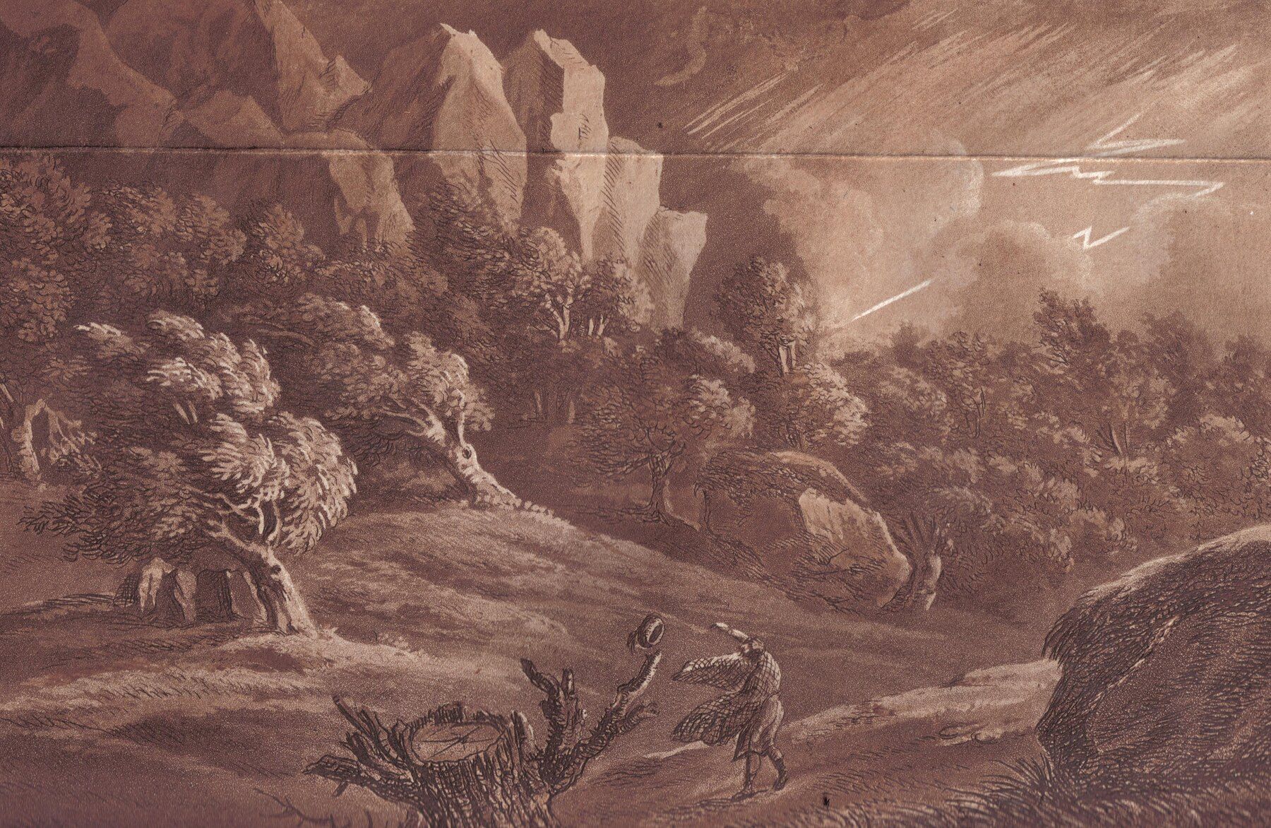 Stormy Scottish landscape with wind-bent trees, distant cliffs, lightning, and a small foreground figure