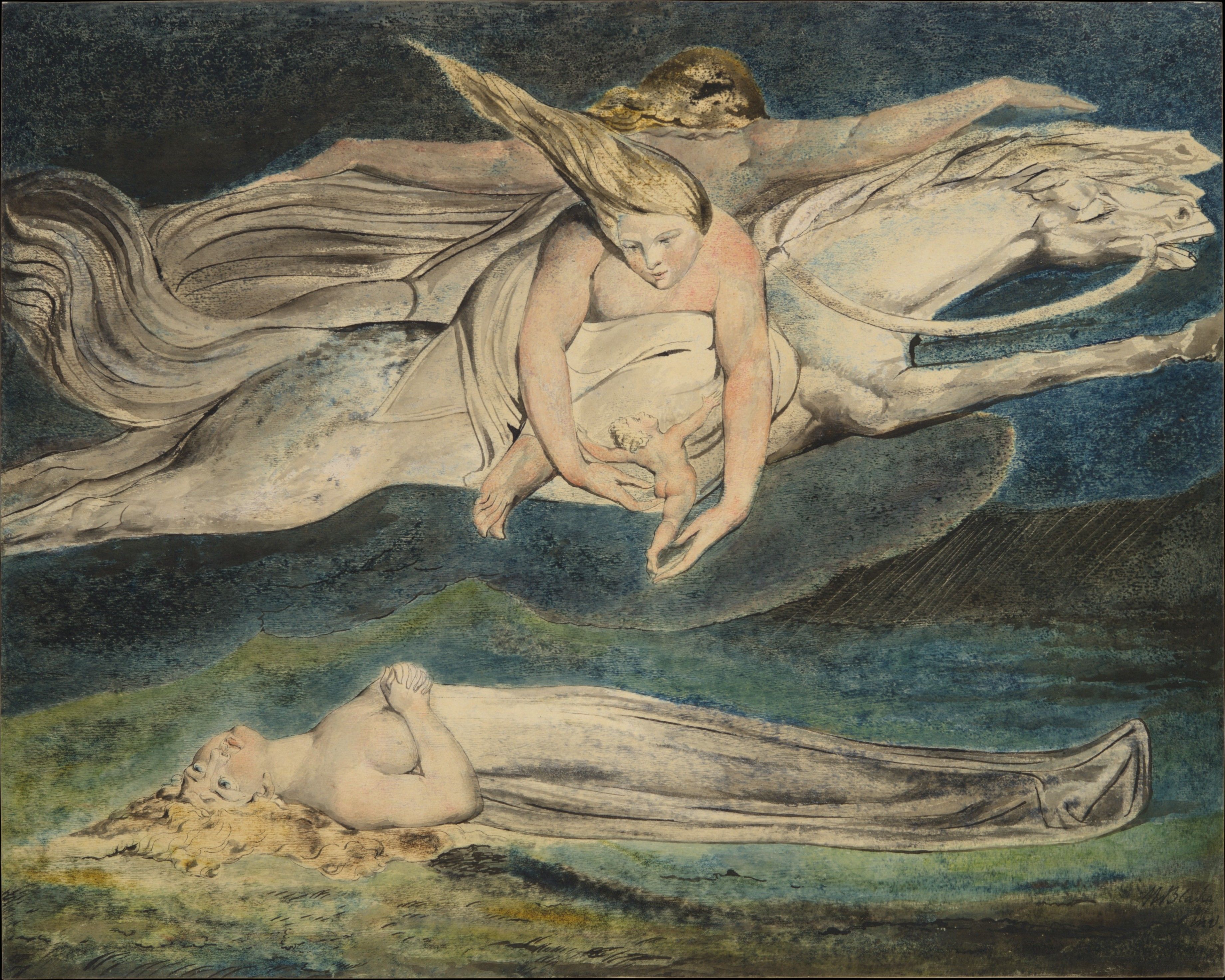 William Blake watercolor of a newborn child carried by windborne figures above a body