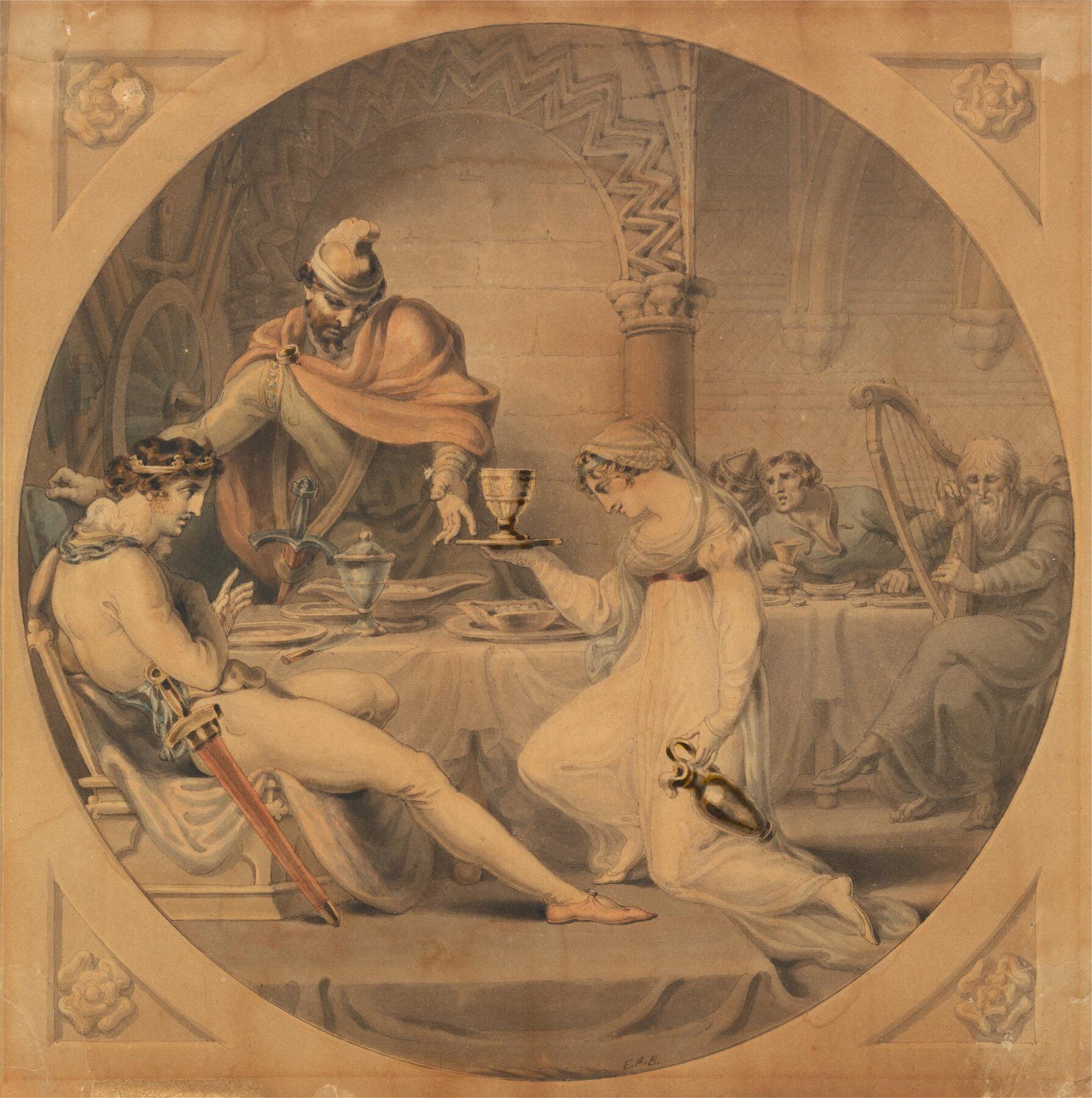Macbeth recoils from Banquo’s ghost at a crowded banquet table
