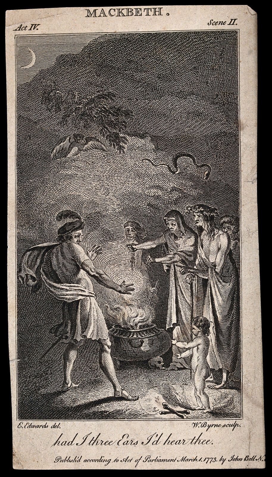Macbeth faces three witches and a bloody child apparition above a cauldron