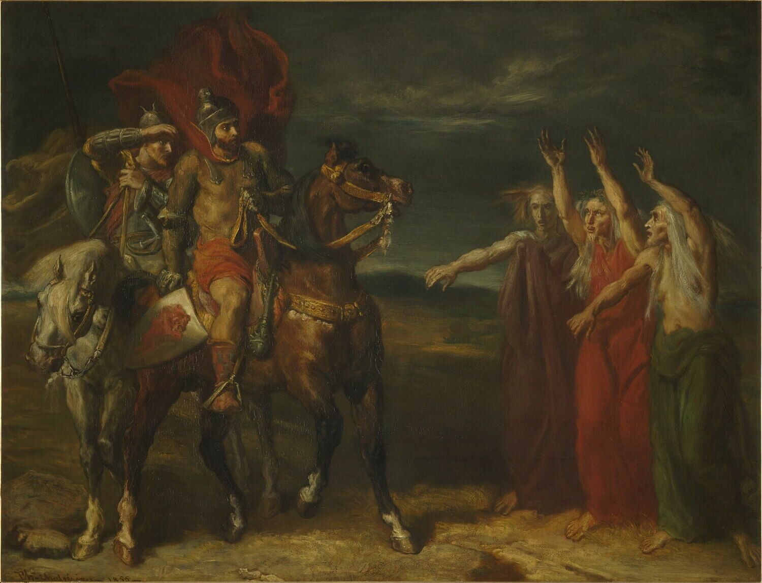 Macbeth and Banquo on horseback face three witches on a dark heath