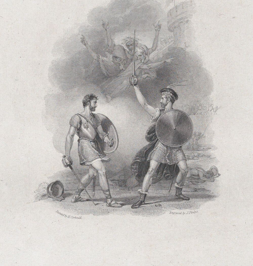 Macbeth and Macduff face each other with swords and shields while figures appear in smoke above them
