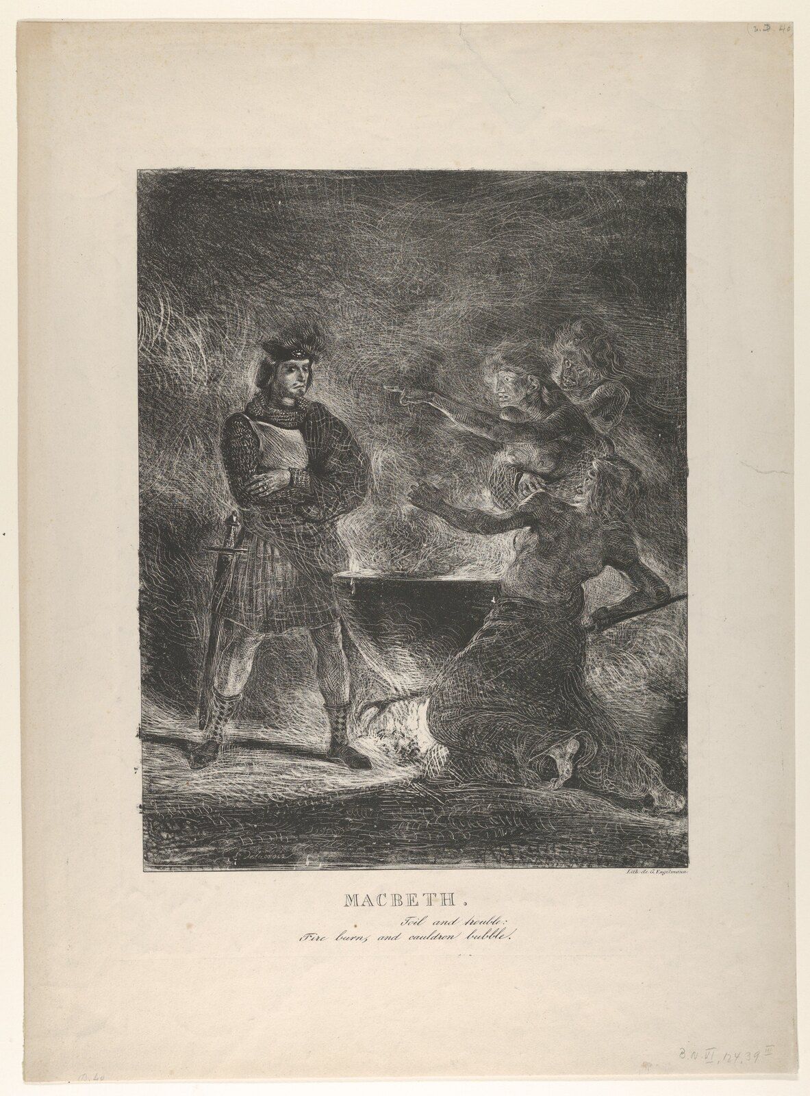 Macbeth stands beside a cauldron while witches gesture toward him in Delacroix lithography