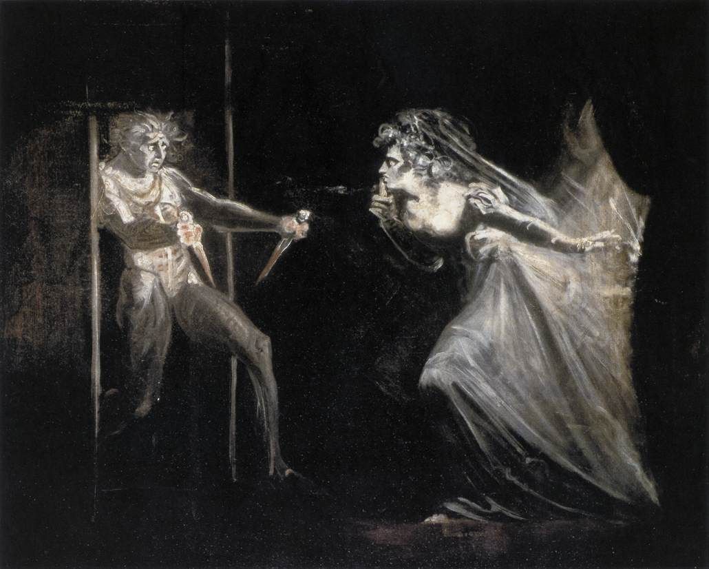 Lady Macbeth reaches for the bloody daggers held by Macbeth