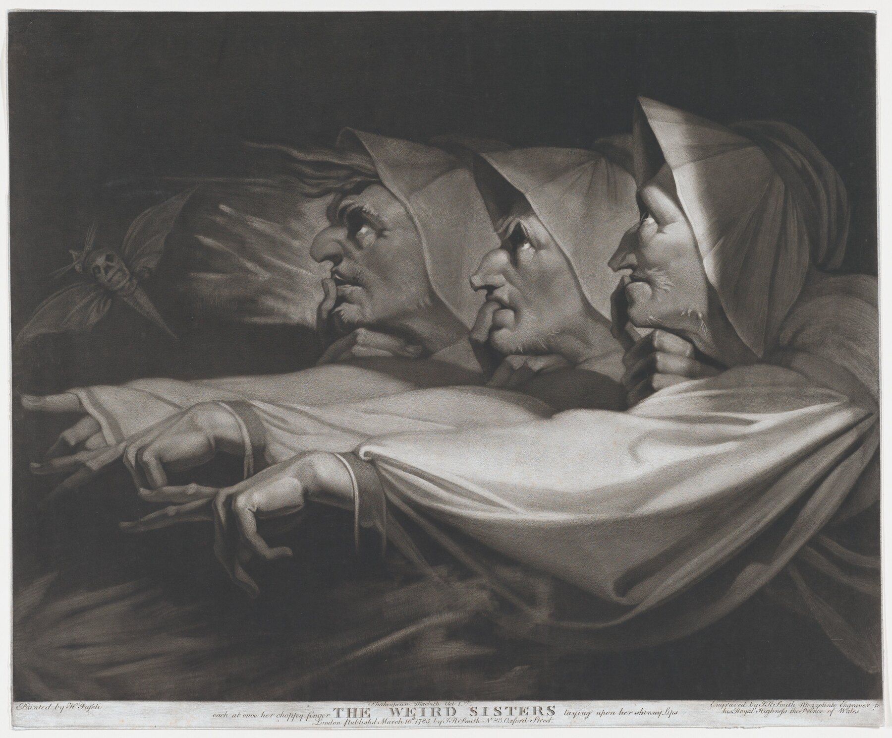 Three hooded weird sisters point together in a dark mezzotint after Fuseli