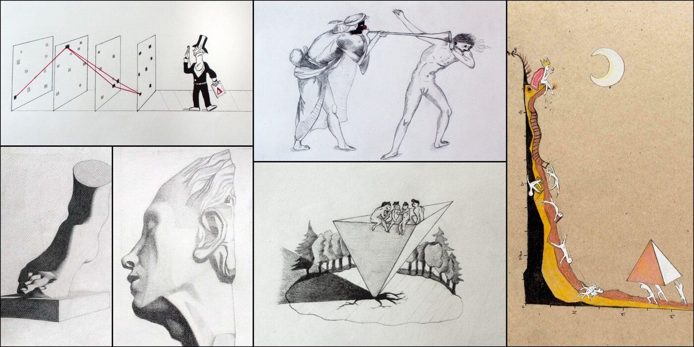 Art portfolio collage showing drawings and paintings