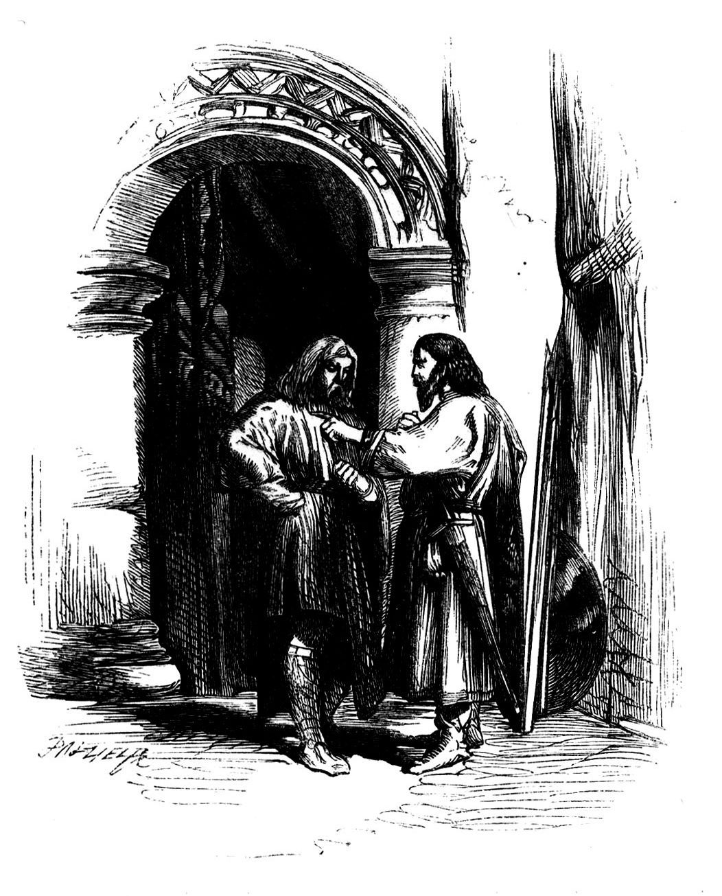 Lennox and another lord speak privately in a doorway