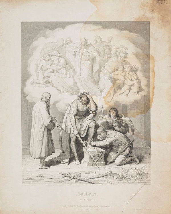 Macbeth sits in armor beside attendants and a doctor while visions gather above him