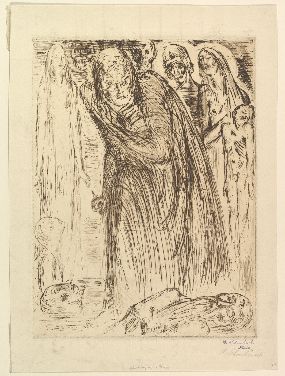 Expressionist drypoint of Lady Macbeth surrounded by corpses and wraithlike figures
