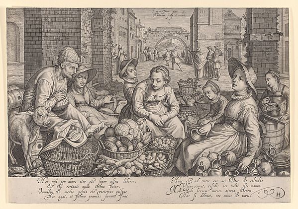 Market Scene with the Laborers in the Vineyard by Jacob Matham, after Pieter Aertsen