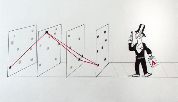ILLUSION of NARRATIVE. Mr. New Yorker is always looking for patterns. He is a tailor for overly fitted stories.Changing perspectives would cause enlightenment and get him fired. He is close friends with the Ad Man.