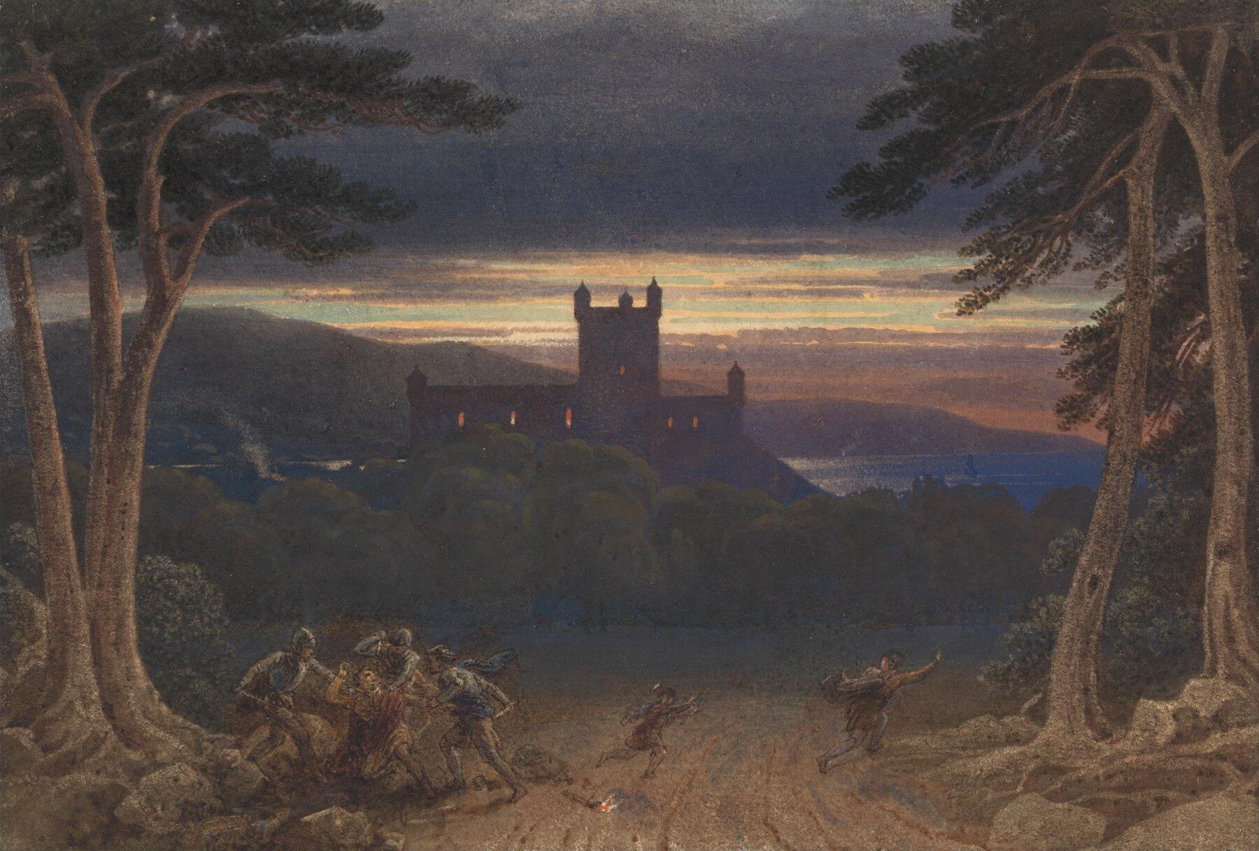 Mounted figures and murderers struggle in a dark landscape as Banquo is attacked
