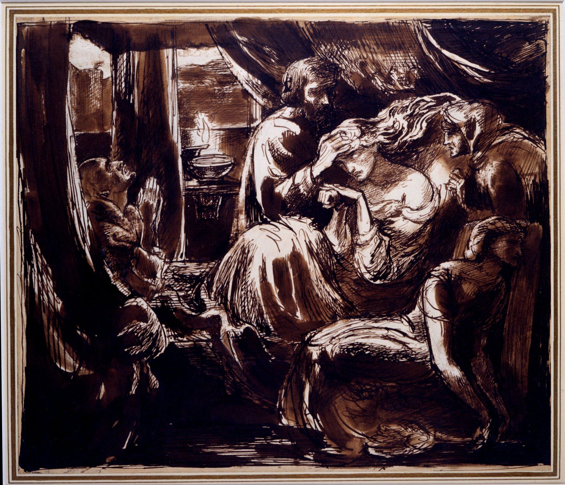 Macbeth bends over the dead Lady Macbeth while attendants gather around the bed