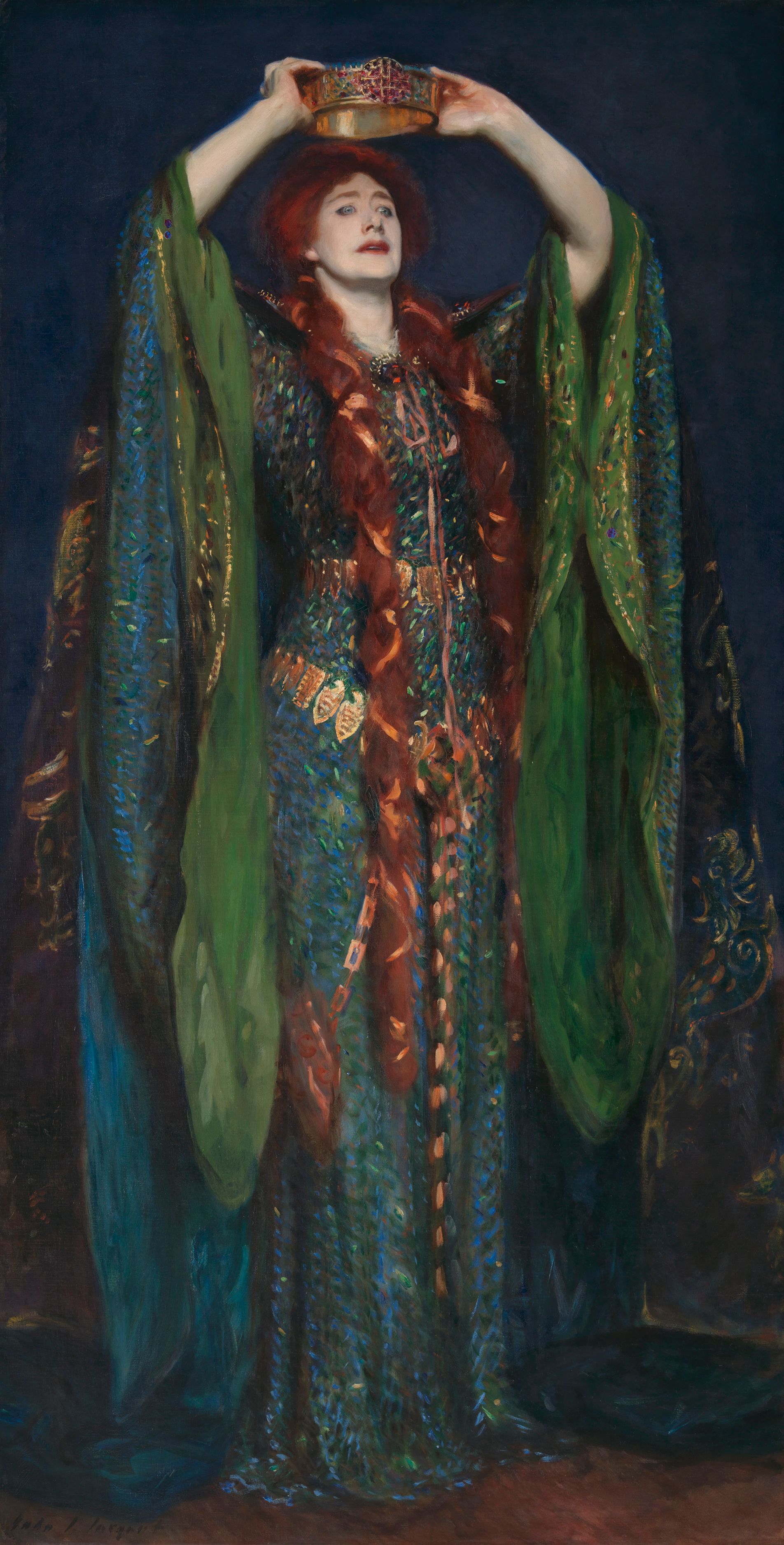 Sargent portrait of Ellen Terry as Lady Macbeth lifting a crown above her head in a green beetle-wing costume