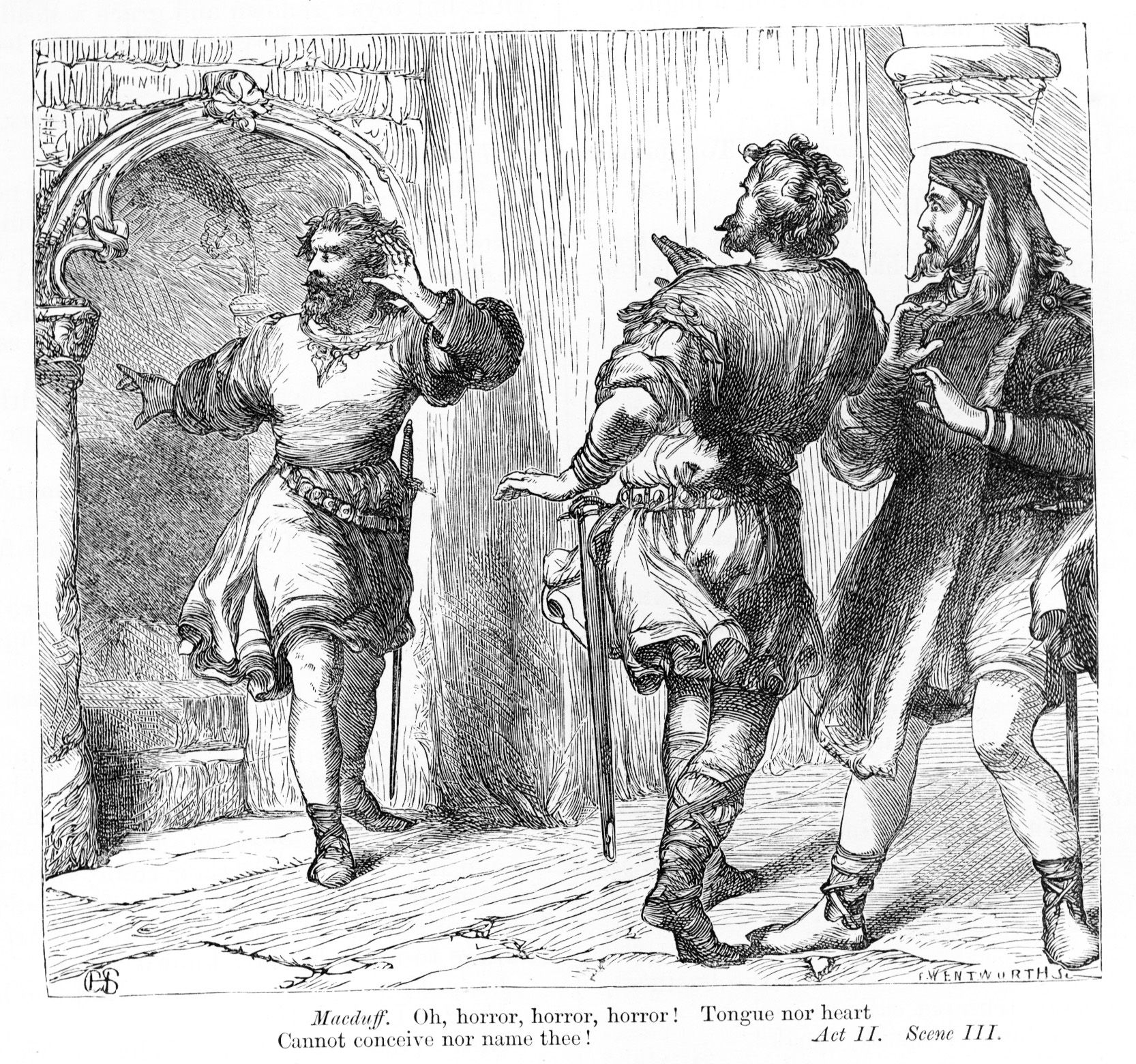 Macduff recoils from Duncan’s chamber while Macbeth and Lennox watch