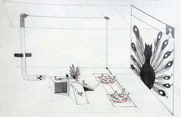 SOCIAL MEDIA. A machinery sheds light on the pathetic birds, their image distorted by the platform. 15 minutes of fame and back to the attention battery where eyeball energy feeds back into the distortion engine. Irony isn't allowed in the building.