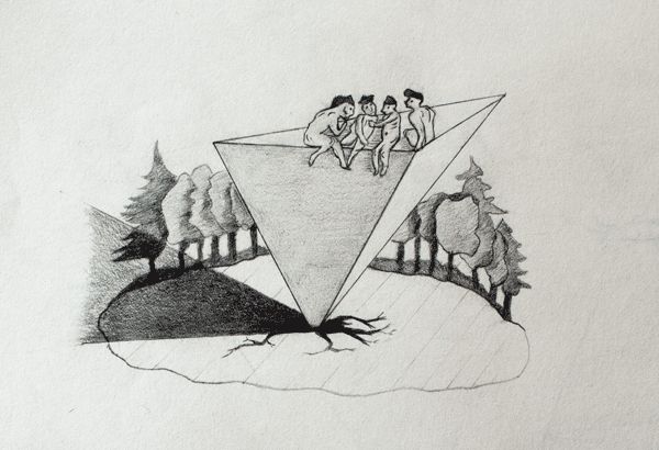 THE THEORISTS sit on a platonic solid, discussing their elaborate models while reality is having something else in mind
