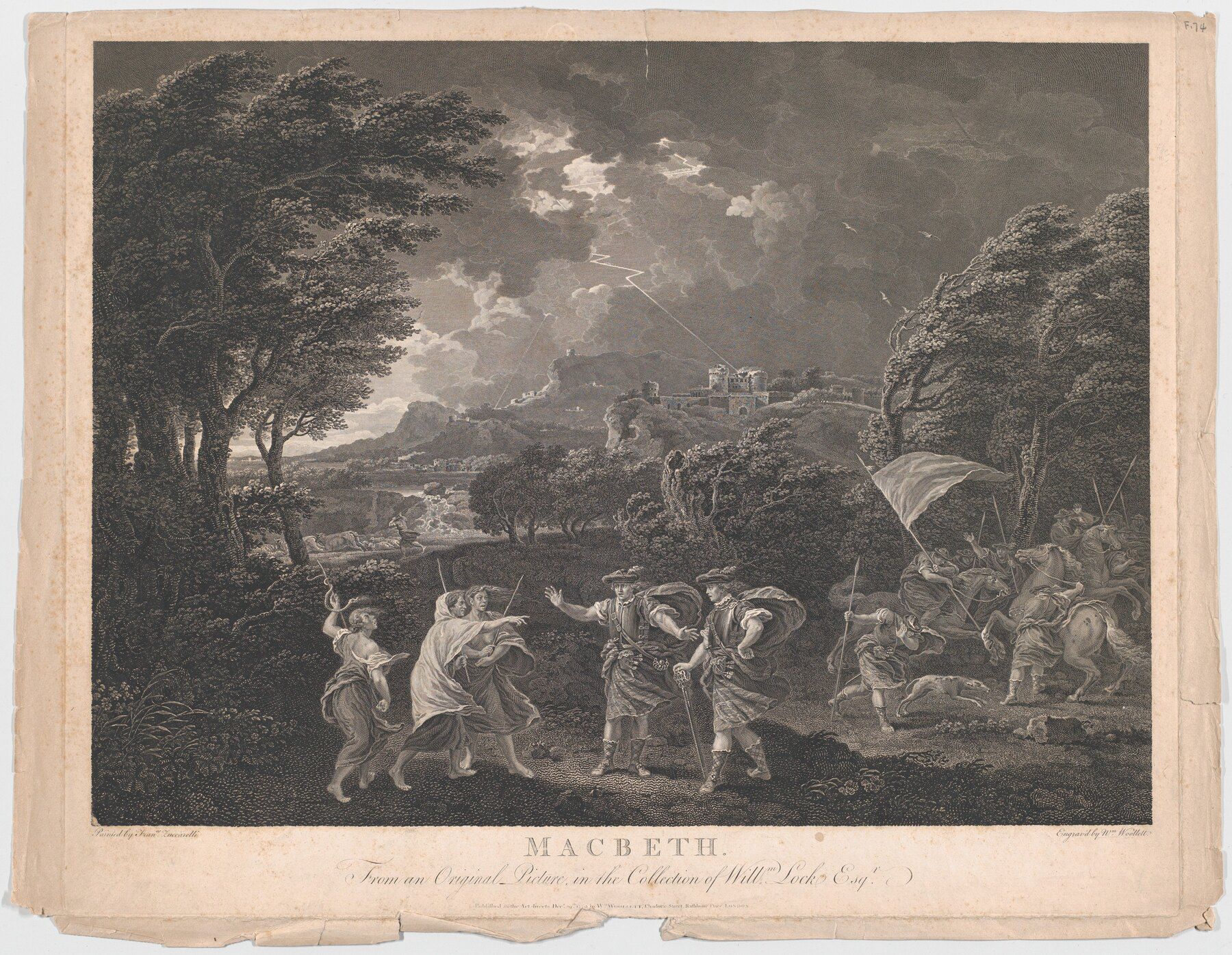 Macbeth and Banquo approach three witches in a dark wooded landscape