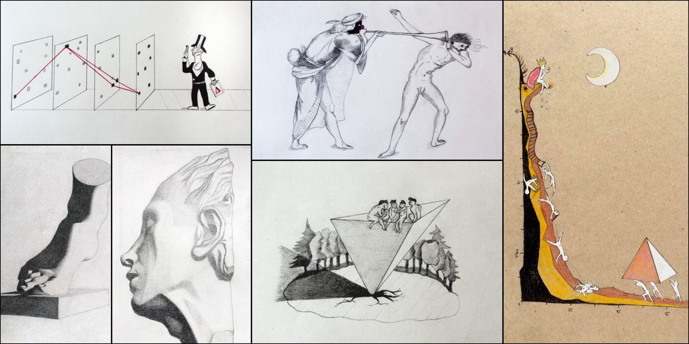 Art portfolio collage showing drawings and paintings