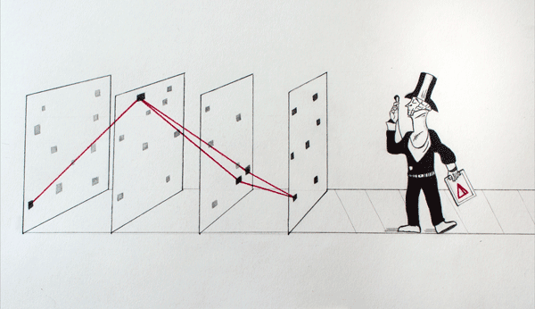 ILLUSION of NARRATIVE. Mr. New Yorker is always looking for patterns. He is a tailor for overly fitted stories.Changing perspectives would cause enlightenment and get him fired. He is close friends with the Ad Man.