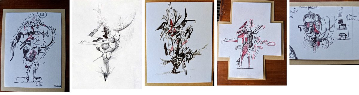 Five-minute gestural sketches showing practiced circular strokes and face-like abstractions