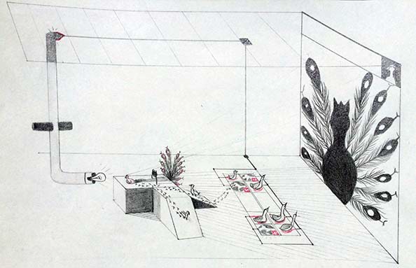 SOCIAL MEDIA. A machinery sheds light on the pathetic birds, their image distorted by the platform. 15 minutes of fame and back to the attention battery where eyeball energy feeds back into the distortion engine. Irony isn't allowed in the building.