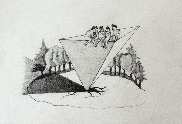 THE THEORISTS sit on a platonic solid, discussing their elaborate models while reality is having something else in mind