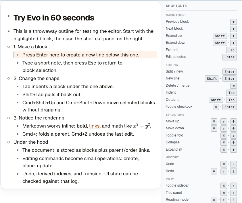 Evo editor — event-sourced outliner demo